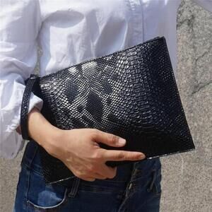 Snake Skin PU Leather Large Clutch Bag In Black
